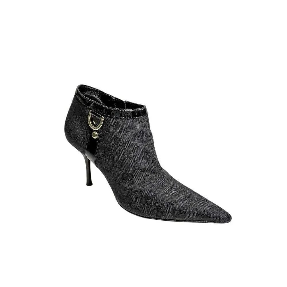 Gucci Monogram Double G D-Ring Canvas Ankle Booties US 8 Black Supreme Heels
